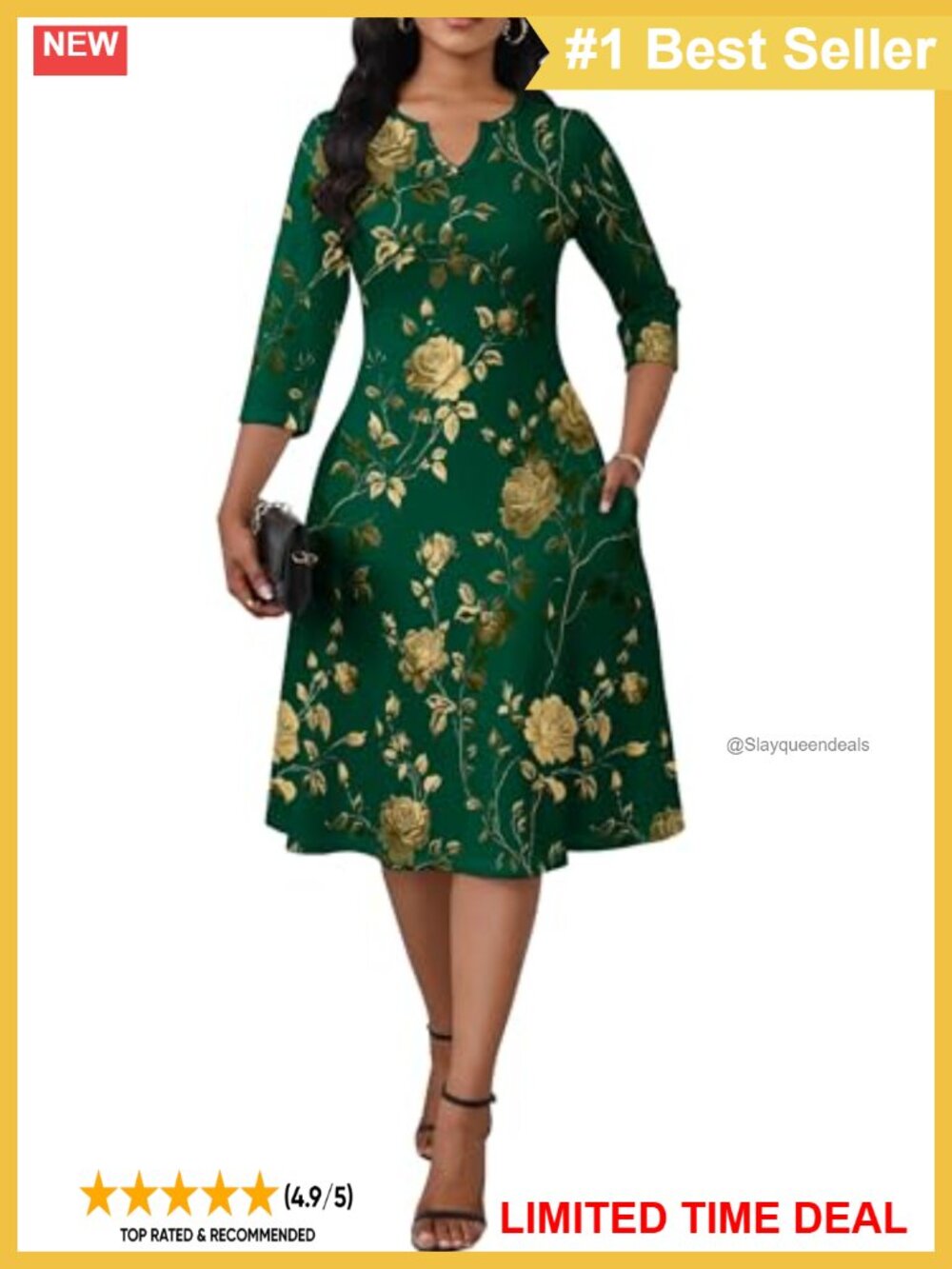 Women's 3/4 Sleeve V Neck Midi Dress A-Line Flowy Church Casual